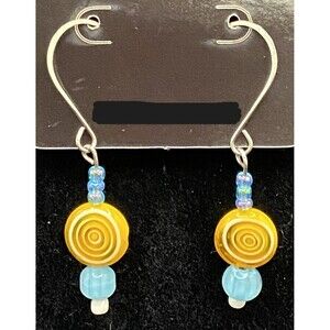 Concentric Circle Yellow & Blue Glass Bead Earrings by Neanie-Bot